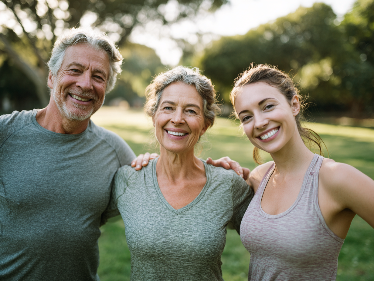 Активні люди різного віку займаються вправами для суглобів на природі