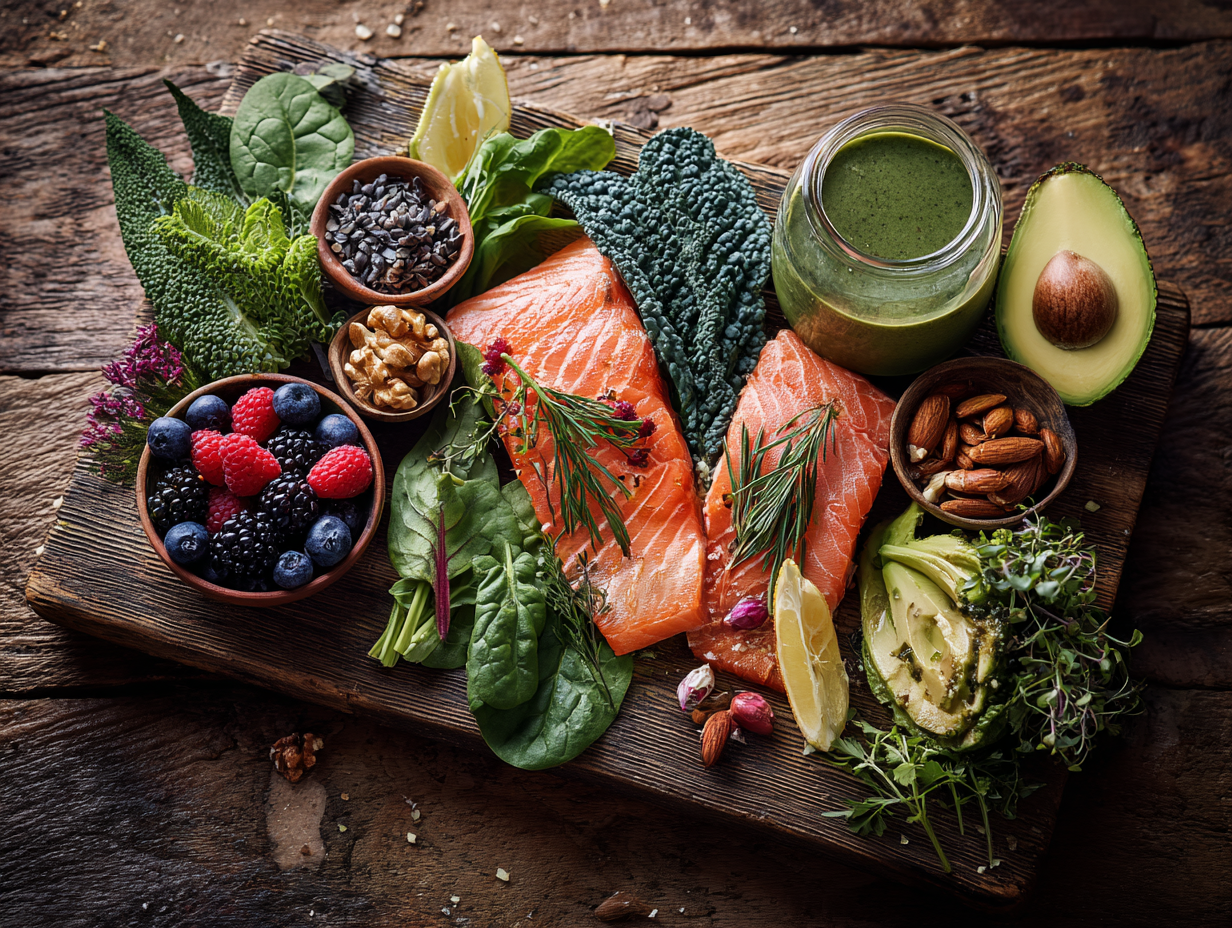 Різноманітні корисні продукти для здоров'я суглобів розкладені на столі